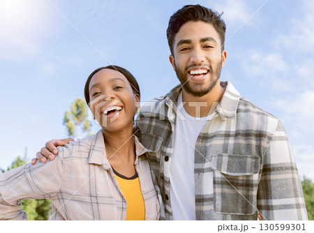 Happy couple, smile and hug for summer vacation, travel or holiday break together outdoors. Portrait of man and woman hugging, smiling and enjoying traveling, trip or getaway in nature with happiness Happy couple, smile and hug for summer vacation, travel or holiday break together outdoors. Portrait of man and woman hugging, smiling and enjoying traveling, trip or getaway in nature with happiness 130599301