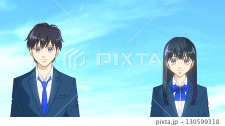 広がる青空、高校生または中学生の男女のアニメ風イラスト 広がる青空、高校生または中学生の男女のアニメ風イラスト 130599318