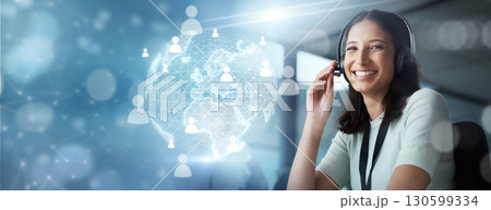 Portrait, overlay or telemarketing agent in a call center helping, talking or networking online. Crm, happy woman or consultant in communication at customer services or sales job on Hologram mockup 130599334