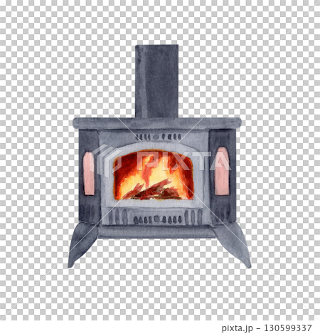 Cozy wood burning stove with bright flames inside watercolor illustration isolated on white. Perfect for winter postcards, holiday invitations, home decor, posters, seasonal social media design 130599337