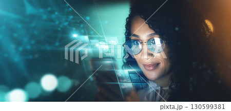 Woman, phone and technology overlay in office for research, data analytics or digital job in night. Cybersecurity expert, fintech and focus in dark workplace with 3d hologram ux for programming code 130599381