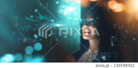 Black woman, technology overlay and phone in office for fintech, data analytics or digital job in night. Cybersecurity expert, research or happy in dark for 3d hologram abstract in programming code 130599382