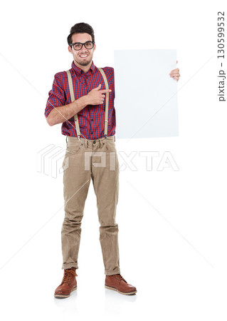 Businessman, portrait and pointing to blank, paper or billboard in studio, space and white background. Face, employee and man with advertising, poster and marketing mockup while standing isolated Businessman, portrait and pointing to blank, paper or billboard in studio, space and white background. Face, employee and man with advertising, poster and marketing mockup while standing isolated 130599532