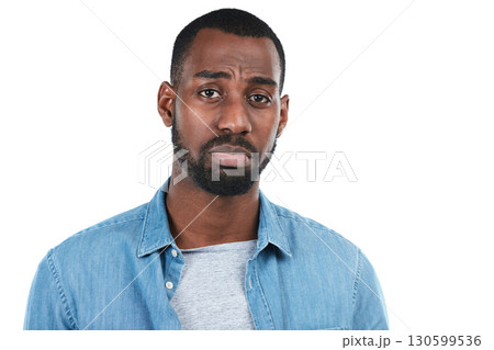 Sad, depression and portrait of a serious black man isolated on a white background in studio. Anxiety, unhappy and face of an African man with a beard, problem and style on a studio background 130599536