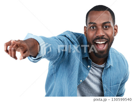 Portrait, black man and pointing for decision, smile and guy isolated on white studio background. Face, Nigerian male person and gentleman with gesture for product placement, choice and wow backdrop Portrait, black man and pointing for decision, smile and guy isolated on white studio background. Face, Nigerian male person and gentleman with gesture for product placement, choice and wow backdrop 130599540
