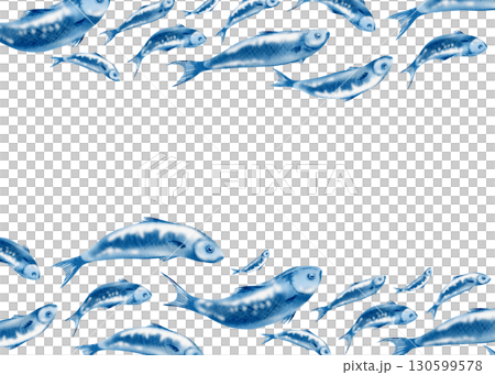 Sardine fish in horizontal template swimming in a shoal stylized watercolor illustration for fish restaurants, websites, posters, fish markets and stores Sardine fish in horizontal template swimming in a shoal stylized watercolor illustration for fish restaurants, websites, posters, fish markets and stores 130599578