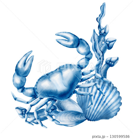 Seafood composition featuring crab, shellfish, mussels, gooseneck barnacles, and seaweed. Hand-drawn watercolor arrangement isolated on white for fish restaurant menu or marine parties 130599586
