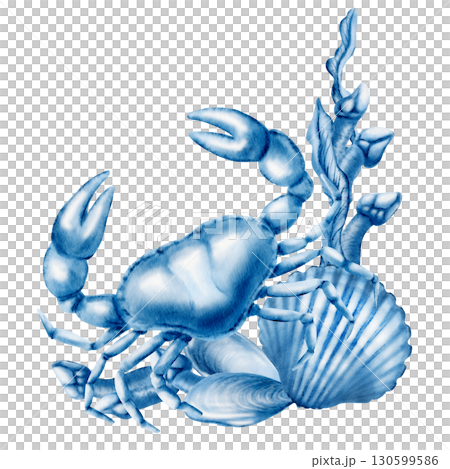 Seafood composition featuring crab, shellfish, mussels, gooseneck barnacles, and seaweed. Hand-drawn watercolor arrangement isolated on white for fish restaurant menu or marine parties 130599586