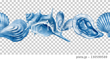 Marine seashells in seamless border:twisted spiky seashell,oyster,mussel,ribbed cemicircular seashell blue monochrome colors.Minimalism graphic in hand-drawn watecolor illustration isolated on white Marine seashells in seamless border:twisted spiky seashell,oyster,mussel,ribbed cemicircular seashell blue monochrome colors.Minimalism graphic in hand-drawn watecolor illustration isolated on white 130599589