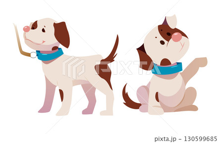Adorable and Cute Pixel Art Dog Character Design Featuring Playful and Cheerful Elements 130599685