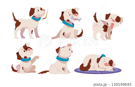 Delightful and adorable playful puppies are showcased in various and charming poses 130599695