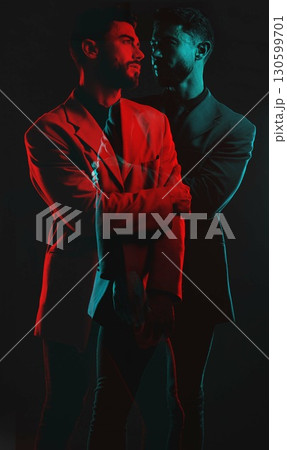 Fashion, double exposure and man in dark studio and neon lighting in vintage clothes, elegant and classy suit. Creative aesthetic, shadow and male model with luxury, designer and stylish clothes 130599701