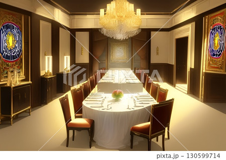 ゲーム背景 アールデコな邸内大食堂のダイニングテーブルとイス室内 ゲーム背景 アールデコな邸内大食堂のダイニングテーブルとイス室内 130599714