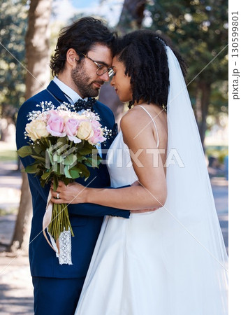 Wedding, couple and marriage outdoor with commitment, trust and love with bride and groom in park. Life partner, married man and black woman with rose bouquet, content and interracial relationship Wedding, couple and marriage outdoor with commitment, trust and love with bride and groom in park. Life partner, married man and black woman with rose bouquet, content and interracial relationship 130599801