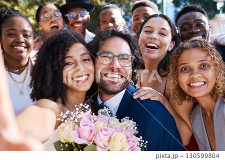 Wedding, selfie and happy friends and family celebrating love of groom and bride at a ceremony or event. Group, portrait and excited smiling people taking picture or photo with newlyweds outdoors 130599804