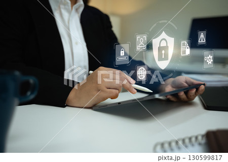 Cybersecurity technology concept showing secure login, password protection, and digital shield interface Cybersecurity technology concept showing secure login, password protection, and digital shield interface 130599817