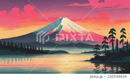 夜明けの湖より望む逆さ紅のシルエット 130599934