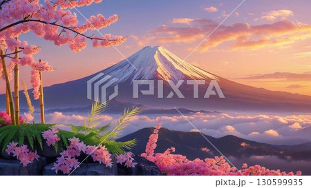 湖から望む紅枝垂れ桜と笠雲の花 湖から望む紅枝垂れ桜と笠雲の花 130599935