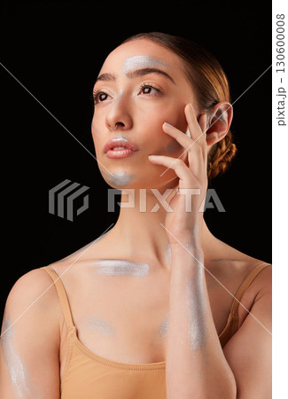 Art, creative and woman thinking of ballet isolated on a black background in a studio. Idea, creativity and artistic ballerina with a glow, contemplation and graceful on a backdrop for dance Art, creative and woman thinking of ballet isolated on a black background in a studio. Idea, creativity and artistic ballerina with a glow, contemplation and graceful on a backdrop for dance 130600008