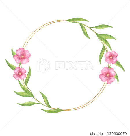 Flower wreath with pink flowers and greenery. Watercolor round frame with gold texture. Ready-made design with delicate wildflowers. Frame with meadow flowers for greeting cards, wedding invitations. 130600070