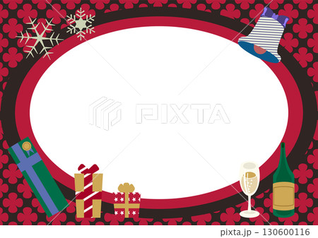 クリスマス楕円フレーム背景 ベルとプレゼント シャンパン付き クリスマス楕円フレーム背景 ベルとプレゼント シャンパン付き 130600116