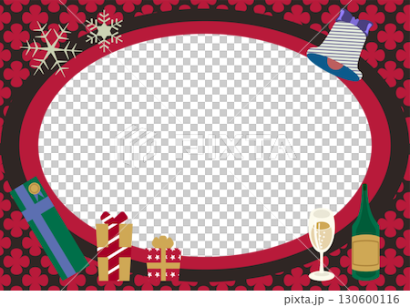クリスマス楕円フレーム背景 ベルとプレゼント シャンパン付き クリスマス楕円フレーム背景 ベルとプレゼント シャンパン付き 130600116