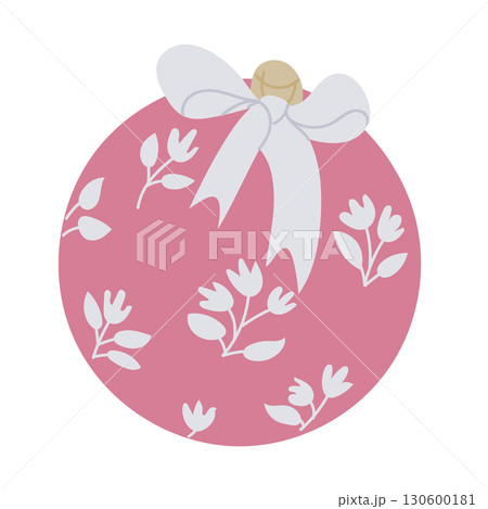 Pink Christmas ornament with white floral pattern and ribbon bow on top 130600181