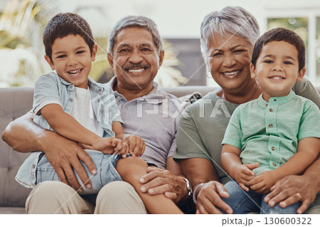 Family, grandparents and children are happy in portrait, love and care with relationship, bond and together. Retirement, wellness and happiness, elderly people and kids with smile and relax at home Family, grandparents and children are happy in portrait, love and care with relationship, bond and together. Retirement, wellness and happiness, elderly people and kids with smile and relax at home 130600322