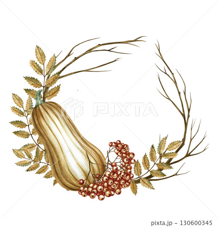 Round autumn composition with pumpkin and mountain ash. Hand-drawn watercolor illustration. For greeting and invitation cards, posters and prints. For packaging and labels, autumn holidays decoration. Round autumn composition with pumpkin and mountain ash. Hand-drawn watercolor illustration. For greeting and invitation cards, posters and prints. For packaging and labels, autumn holidays decoration. 130600345