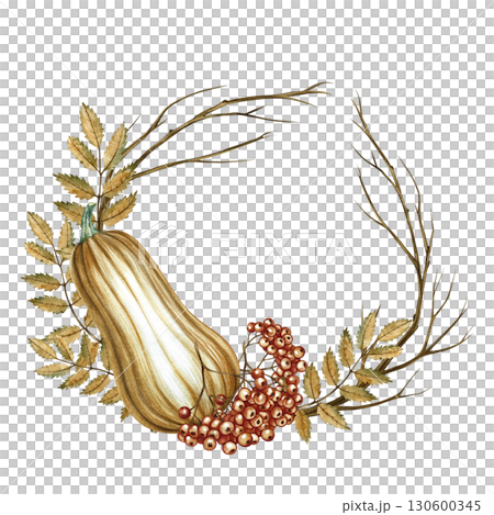 Round autumn composition with pumpkin and mountain ash. Hand-drawn watercolor illustration. For greeting and invitation cards, posters and prints. For packaging and labels, autumn holidays decoration. Round autumn composition with pumpkin and mountain ash. Hand-drawn watercolor illustration. For greeting and invitation cards, posters and prints. For packaging and labels, autumn holidays decoration. 130600345