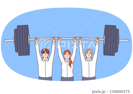 Teamwork of group of business people lifting heavy barbell together to achieve corporate goal Teamwork of group of business people lifting heavy barbell together to achieve corporate goal 130600373