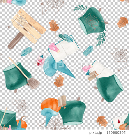 Watercolor seamless pattern with witch cauldrons, hats, potions and pumpkins . Hand drawn composition isolated from the background. For Halloween decor, wrapping paper, textiles, and stationery 130600395