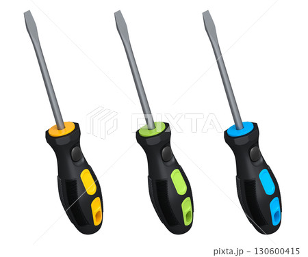 Set of flathead screwdrivers with grips and colorful accents, isolated on white background with clipping path, tools and repair Set of flathead screwdrivers with grips and colorful accents, isolated on white background with clipping path, tools and repair 130600415