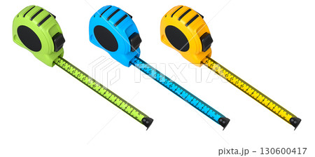 Set of measuring tapes in green, blue, and yellow with extended rulers, isolated on white background with clipping path Set of measuring tapes in green, blue, and yellow with extended rulers, isolated on white background with clipping path 130600417