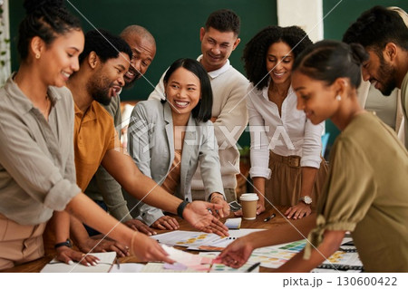 Creative business people, planning and meeting in collaboration for brainstorming strategy in design at office. Group of interior designers in teamwork, project plan or color palette for startup 130600422