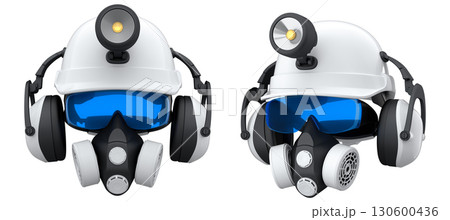 Protective helmets with mounted LED headlamps, respirators and earmuffs on white background with clipping path, safety equipment Protective helmets with mounted LED headlamps, respirators and earmuffs on white background with clipping path, safety equipment 130600436