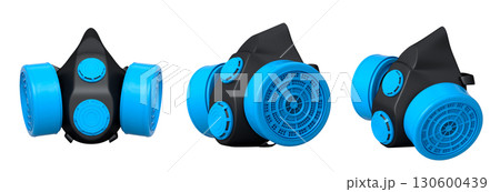 Set of professional respirator gas masks with dual filters on white background with clipping path. Concept of construction tools Set of professional respirator gas masks with dual filters on white background with clipping path. Concept of construction tools 130600439
