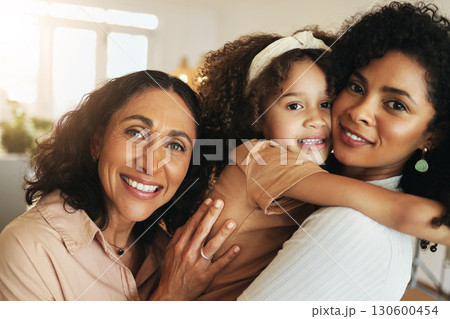 Black woman, mother and daughter with grandma in portrait with love, smile and care on holiday together. Happy family, women and girl with happiness, hug and solidarity in home living room in morning Black woman, mother and daughter with grandma in portrait with love, smile and care on holiday together. Happy family, women and girl with happiness, hug and solidarity in home living room in morning 130600454
