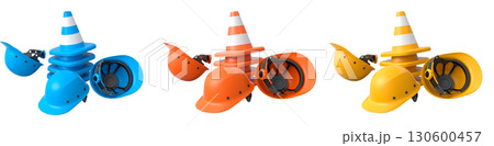 Stack of construction helmets and traffic cones isolated white background with clipping path, representing safety equipment 130600457