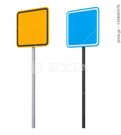 Blank traffic signs with different shapes and colors on metal poles on white background with clipping path, concept of road safety 130600470