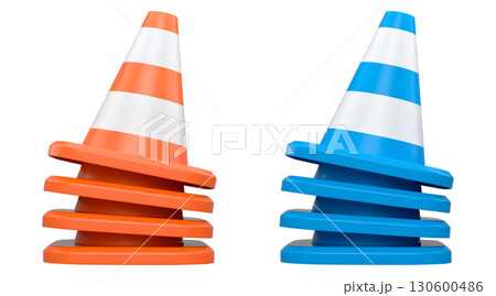 Traffic safety cones with white stripes, isolated on white background with clipping path. Concept of road safety equipment 130600486