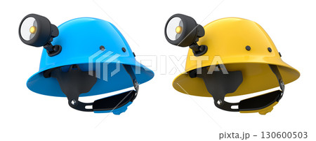 Protective helmets with mounted LED headlamps isolated on white background with clipping path, safety construction equipment 130600503