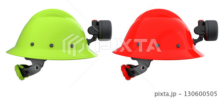 Protective helmets with mounted LED headlamps isolated on white background with clipping path, safety construction equipment Protective helmets with mounted LED headlamps isolated on white background with clipping path, safety construction equipment 130600505