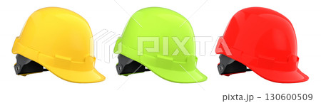 Set of construction safety helmets isolated on white transparent background, symbolizing safety and industry standards 130600509