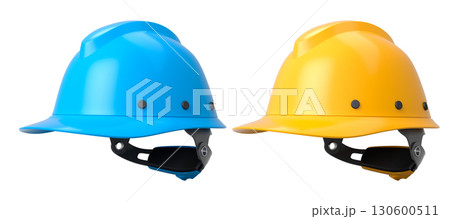 Set of construction safety helmets isolated on white transparent background, symbolizing safety and industry standards 130600511