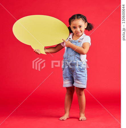 Child portrait, pointing or speech bubble in ideas, opinion or vote on isolated red background in social media or news. Smile, happy or kid showing banner, paper or cardboard poster in speaker mockup Child portrait, pointing or speech bubble in ideas, opinion or vote on isolated red background in social media or news. Smile, happy or kid showing banner, paper or cardboard poster in speaker mockup 130600644