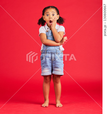 Little girl, portrait or shocked hand on face, isolated or red background and kids gossip, bad news or scary children story. Surprised, anxiety or scared kid in horror facial expression, wow or emoji Little girl, portrait or shocked hand on face, isolated or red background and kids gossip, bad news or scary children story. Surprised, anxiety or scared kid in horror facial expression, wow or emoji 130600667