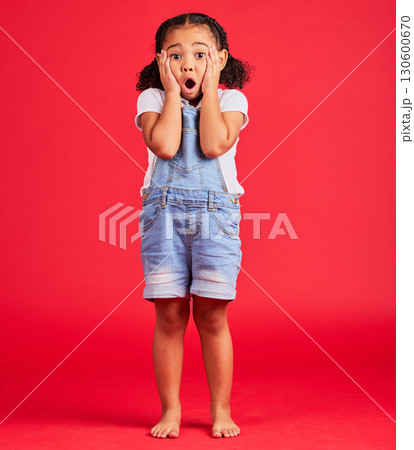 Child portrait, shocked or hands on face by isolated red background in kids gossip, bad news or scary children story. Surprised, anxiety or scared girl and horror facial expression, wow or emoji look 130600670