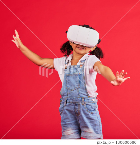 Gaming, virtual reality and wow with girl and glasses for digital transformation, video games and innovation. Happy, cyber and augmented reality with child and vr headset for technology, future or 3d 130600680