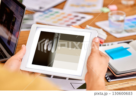 Tablet, graphic designer and color gradient with hands of person for planning, creative and art. Website, branding and edit with employee and screen for digital, developer and app in startup studio 130600683